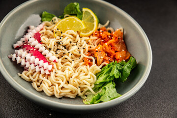 Noodle Bowl vegan fresh delicious gourmet food background on the table rustic food top view copy space keto and paleo diet vegan and vegetarian food