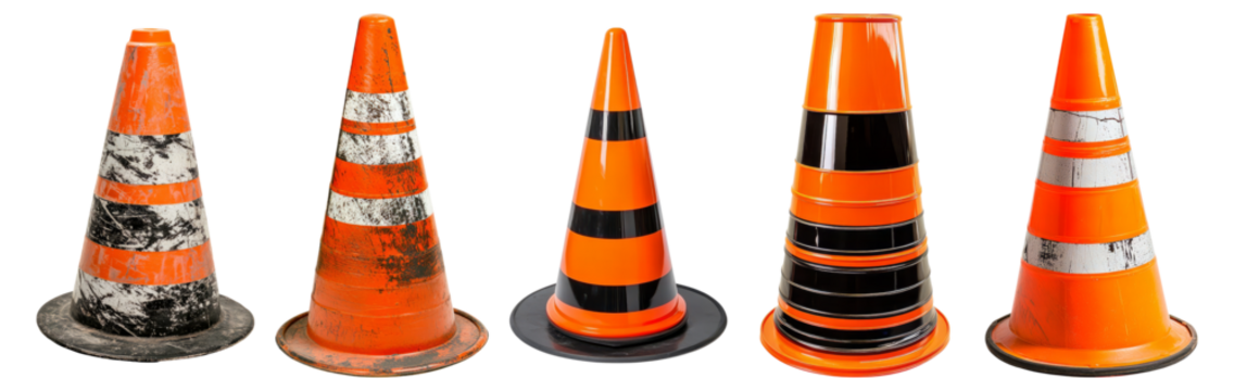 Collection of Traffic Cones in Various Conditions and Designs, Isolated on Transparent, white background