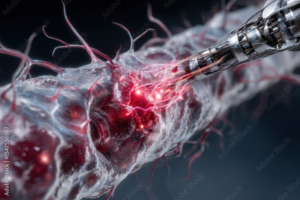 Poster futuristic robotic technology interacts with nerve cells in a scientific lab setting
