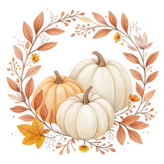 Pumpkins with floral wreath isolated on transparent background