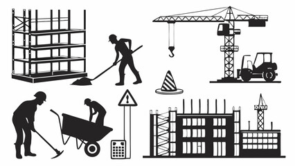 Silhouettes of construction workers on an urban building site with a crane, symbolizing industrial development and architectural design