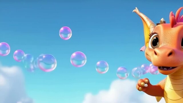 A cartoon dragon with bubbles around it. The dragon is smiling and he is happy. The bubbles are scattered around the dragon, with some larger ones near the dragon's mouth