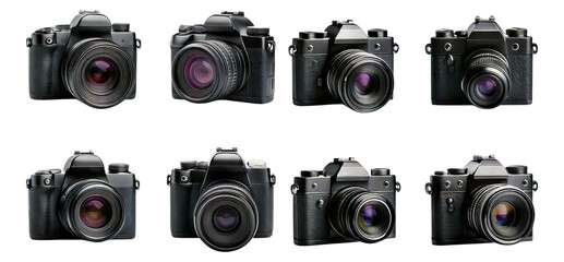 Variety of Professional Cameras on Black Background for Photography, Isolated on Transparent, white background