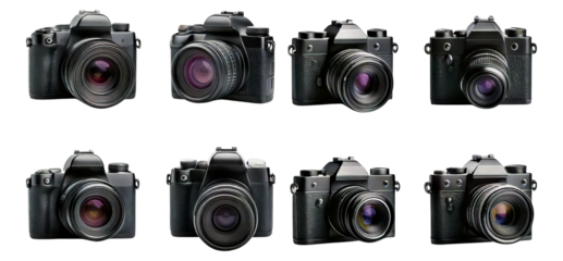 Variety of Professional Cameras on Black Background for Photography, Isolated on Transparent, white background