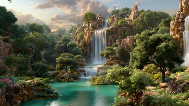 Flying through the garden of Eden with cascading waterfalls, vibrant flora, and serene waters, evoking paradise. Camera glides through the scene, capturing divine tranquility and natural beauty.