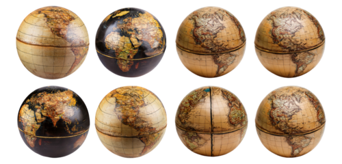 Vintage World Globes Displayed on White Background for Travel Themes, Isolated on Transparent, white background