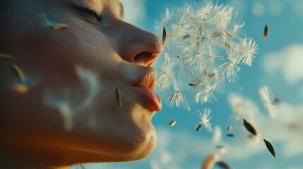 A close-up of a person blowing dandelion seeds