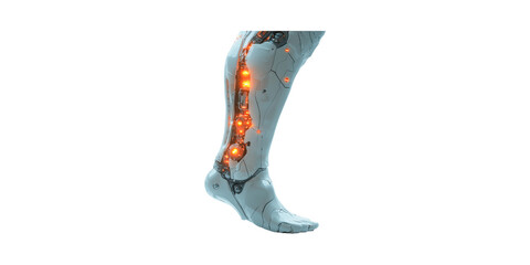Cyborg Leg With Illuminated Internal Components. Futuristic Robotics And Human Augmentation Concept Isolated On Transparent Background