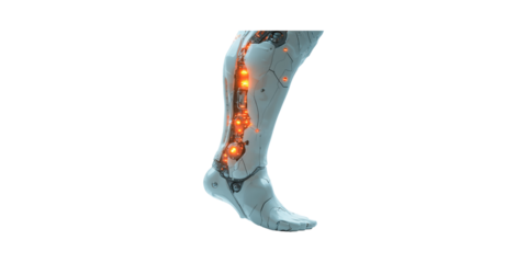 Cyborg Leg With Illuminated Internal Components. Futuristic Robotics And Human Augmentation Concept Isolated On Transparent Background