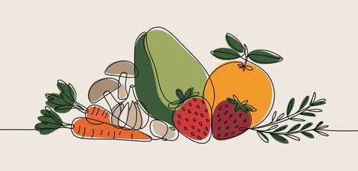 Continuous Line Drawing of Fresh Fruits and Vegetables