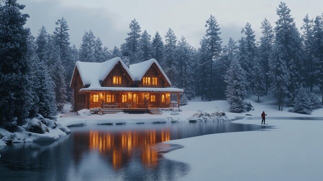 A cozy log cabin by a frozen lake in a snowy forest at twilight