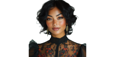 Elegant Woman In Black Lace Dress With Gold Earrings. Fashion And Beauty Portrait Isolated On Transparent Background