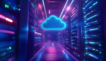 A cloud icon floating above rows of server racks in a data center, with glowing blue lights and soft shadows creating depth. The background is blurred to emphasize the central element.