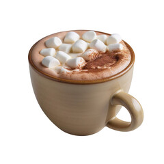 A close up of a mug filled with hot chocolate and marshmallows on a black background isolated