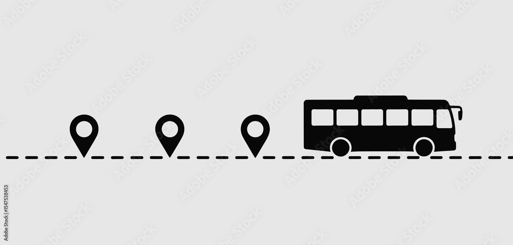 Poster bus route map with location pins and dashed line