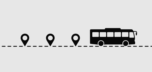 Bus Route Map with Location Pins and Dashed Line