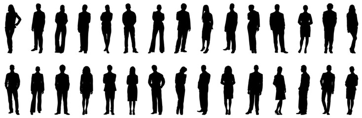 Vector detailed silhouettes set of standing people male and female full body front view with body gesture isolated on white background. Crowd, group of people vector illustration