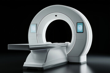 A modern, white MRI machine with a circular opening and digital screens on each side, set against a black background.