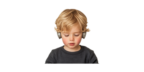 Young Child Listening To Music With Headphones. Audio Experience And Childhood Development Concept Isolated On Transparent Background