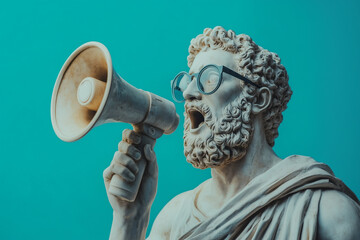 Classical statue with a beard and glasses, holding a megaphone, against a teal background, creating a humorous modern contrast.
