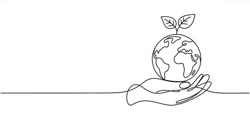 Hand Holding Earth with Sprout Line Art
