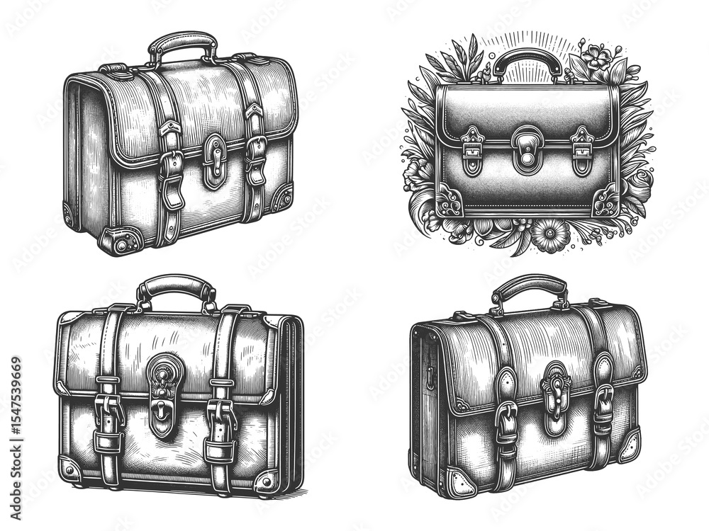 Poster leather briefcases with buckles, straps set collection bundle sketch engraving generative ai raster 