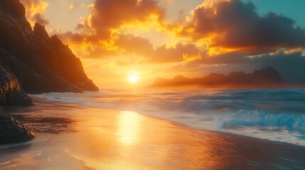 海面日落宁静波涛翻滚彩云多彩高分辨率图片