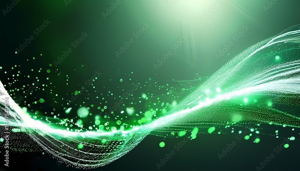 Poster abstract green glowing particle wave with bokeh effect futuristic technology background with light s