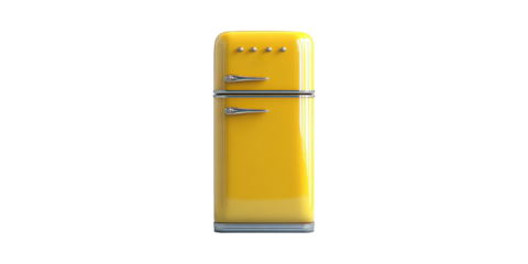 Retro Yellow Refrigerator. Vintage Kitchen Appliance Design And Style Isolated On Transparent Background
