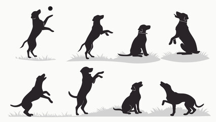 Fototapeta premium Black Dog Silhouettes in Various Playful Poses Sitting Standing Jumping Training Vector Illustration