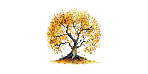 Fototapeta premium Watercolor Illustration Of Autumn Tree With Golden Leaves. Symbol Of Change And Natural Beauty Isolated On Transparent Background