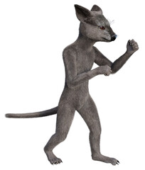 Grey anthropomorphic creature, resembling a mouse, stands in a boxing position with ready fists. 3d...