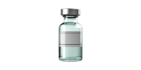 Glass Vial With Blank Label For Medical Or Laboratory Use. Sterile Container For Vaccines Or Solutions Isolated On Transparent Background