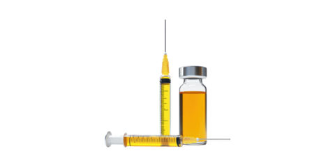 Syringes And Vial With Yellow Liquid. Medical Injection And Vaccination Concept Isolated On Transparent Background