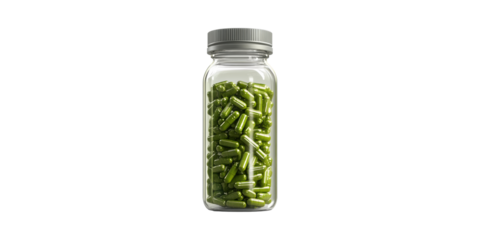 Glass Bottle Filled With Green Capsules. Health Supplements And Nutritional Pills Isolated On Transparent Background