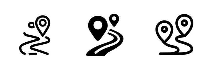 A simple black single route tracking icon in modern flat design, representing a 2-pin path searching spot, ideal for use in app ads, logotype, web, website, button, ui, ux interface elements, set