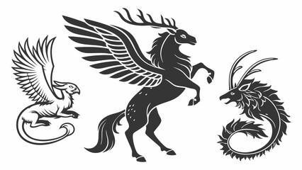 Mythical Fantasy Creatures Set Griffin Winged Stag Dragon Illustration Engraving Tattoo Style Black White Isolated