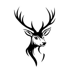 Naklejka premium Stock was used to create a modern illustration of a black deer head silhouette with horns, stag, or hart, which can be used as a wildlife forest animal portrait symbol for a logo, isolated on white