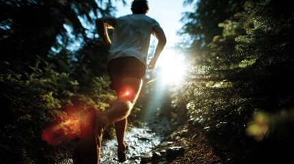 Dynamic Action Shot of Trail Runner Navigating Forest Path with Sun Rays Breaking Through Trees - Perfect for Outdoor and Fitness Enthusiasts