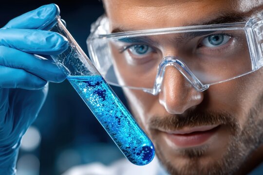 Scientist examining blue liquid in test tube in laboratory setting during daytime