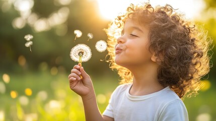 Child blowing dandelion in a field