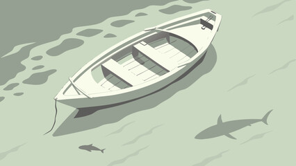 Fototapeta premium Rowboat Floating Over Shark in Calm Green Water Scene