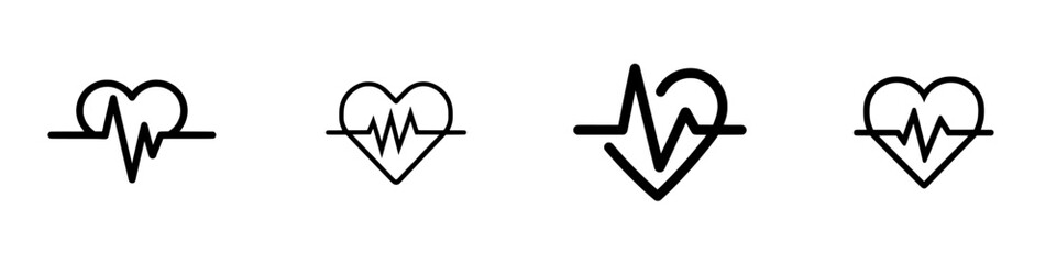 A simple digital cardiology display icon featuring a black single heart beat pulse line in flat design, suitable for use as a modern pictogram in infographics, ads, app logos, web buttons, and ui ux