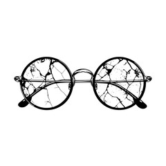 Modern illustration featuring a black silhouette design logo of damaged and cracked round retro vintage spectacles