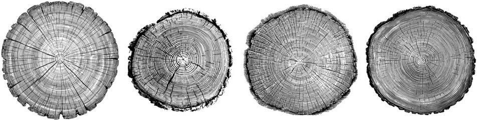 A cross-sectional wood texture featuring tree rings, presented as a cut slice of a wooden stump against a white background, showcasing a textured surface with rings and cracks