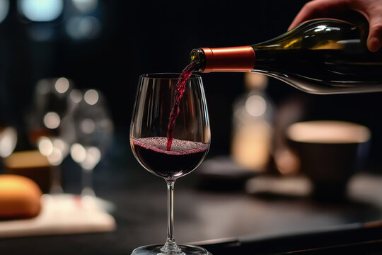 Red wine served in moody restaurant light