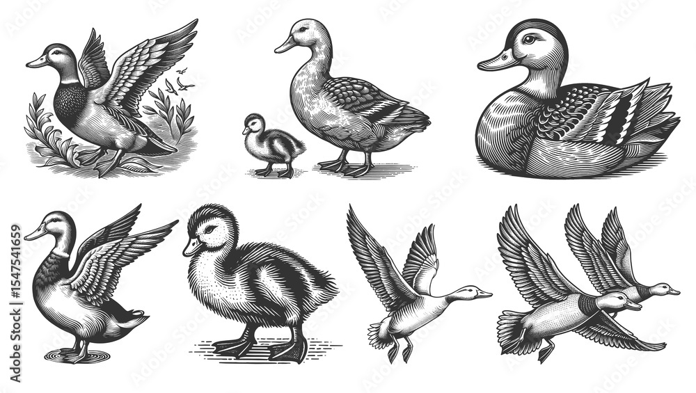Aufkleber duck and duckling set collection bundle sketch engraving generative ai raster illustration. scratch 