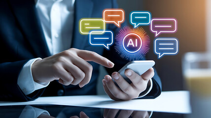 Person Using AI Chatbot on Smartphone – Digital Speech Bubbles, LLM Interaction, and Virtual Assistant Technology
AI chatbot, smartphone chat, digital speech bubbles, LLM, large language model, AI as
