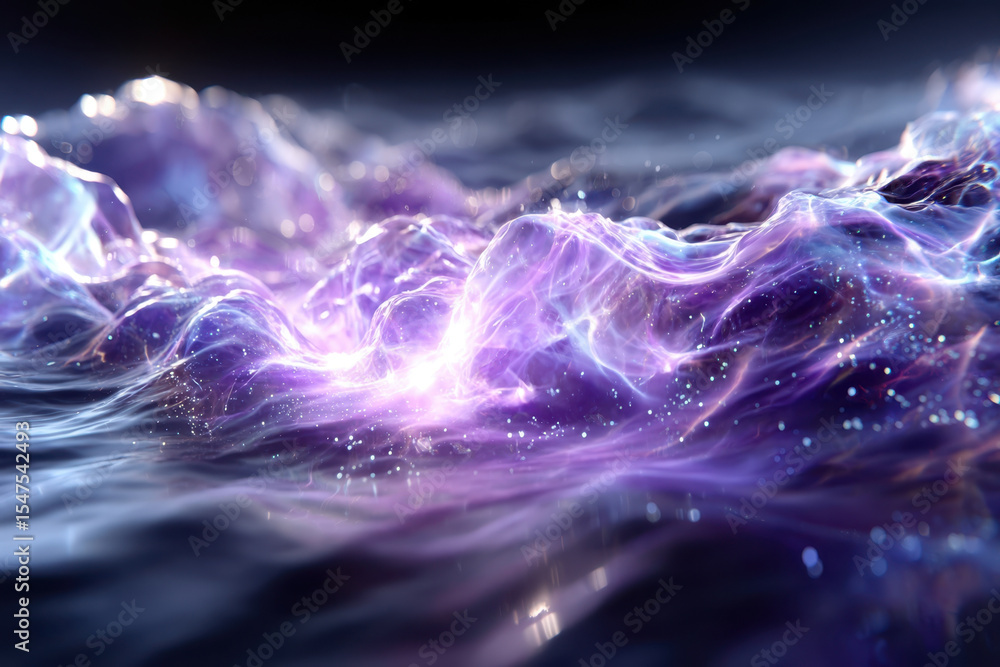 Poster cosmic waves create ethereal patterns in a vibrant purple and blue light display