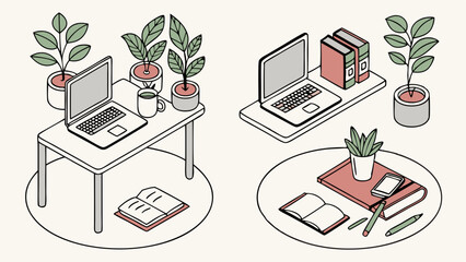 Isometric Home Office Remote Work Workspace Illustration Laptop Plants Books Study